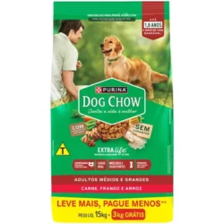 Ração Dog Chow para Cães Médios e Grandes Sabor Carne, Frango e Arroz 15Kg + 3Kg GRÁTIS