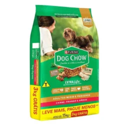 Ração Dog Chow para Cães Mini e Pequeno Sabor Carne, Frango e Arroz 15Kg + 3Kg GRÁTIS